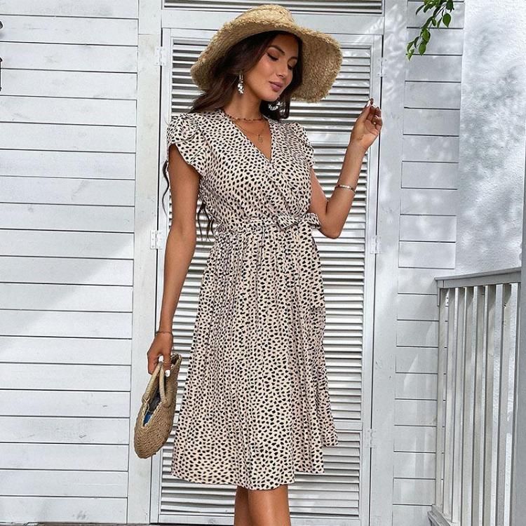 Letní plážové šaty s leopardím potiskem, výstřih do V, krátký rukáv, vysoký pas, dlouhé šaty