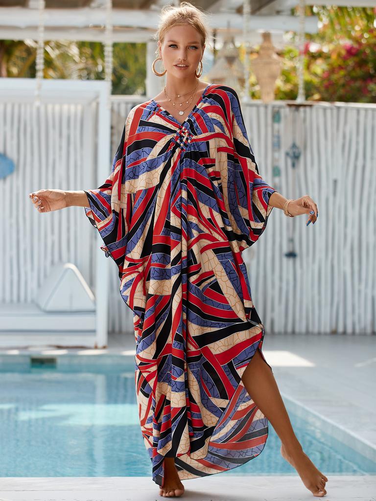 Women's Plus Size Animal Print V-Neck Batwing Kaftan Beach Dress Bathing Suit Cover-Up Loungewear