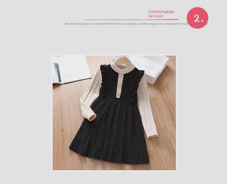 Langärmliges Strick-Pulloverkleid aus Spitze für Mädchen – Herbst/Winter im College-Stil