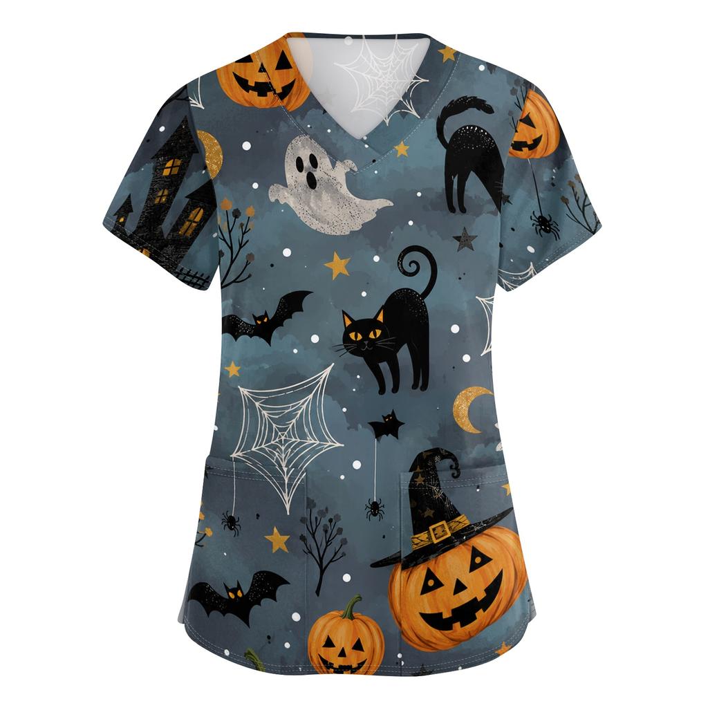 Women V Neck Short Sleeve Printed Scrub Top with Pockets and Side Slits for Work Uniforms Holiday Theme