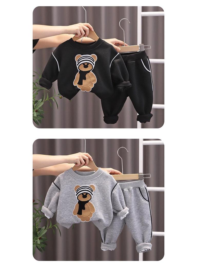 Korean Kids' Autumn Bear Sweatshirt & Sweatpants Set – Cartoon Two-Piece Long Sleeve Outfit