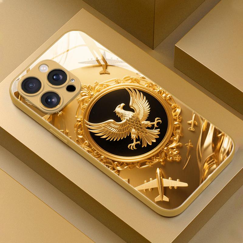 Eagle Gold Airplane Plated Glass Phone Case Suitable for iPhone 17 16 15 14 13 12 11 Pro/Max/Plus Anti Drop and Anti Shock