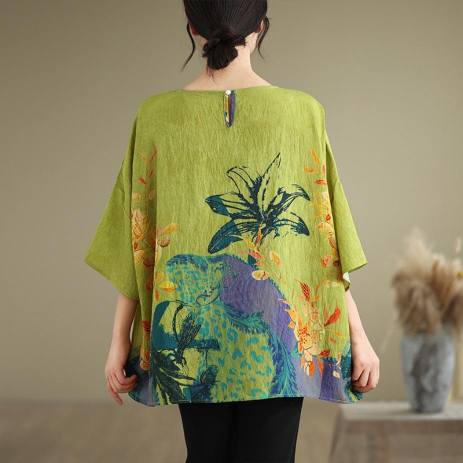 Summer Hemp Cotton Blouse Ethnic Style Bat Sleeve Loose Oversized Round Neck T-shirt Casual Comfortable for Women