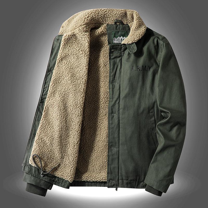Winter Casual Men's Velvet Thickened Lapel Military Uniform Middle-aged Cotton-padded Coat Loose Lamb Wool Cotton Coat