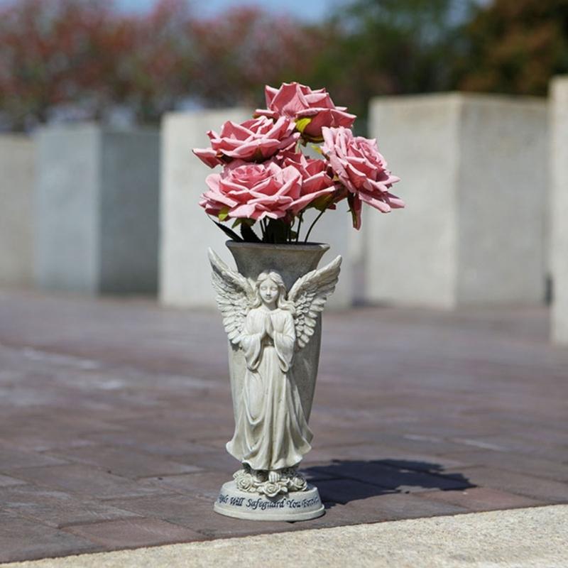 Cemetery Vases Praying Angel Sculpture Ornament Resins Outdoor Decors Flower Holder Pot For Memorial Garden Grave Site