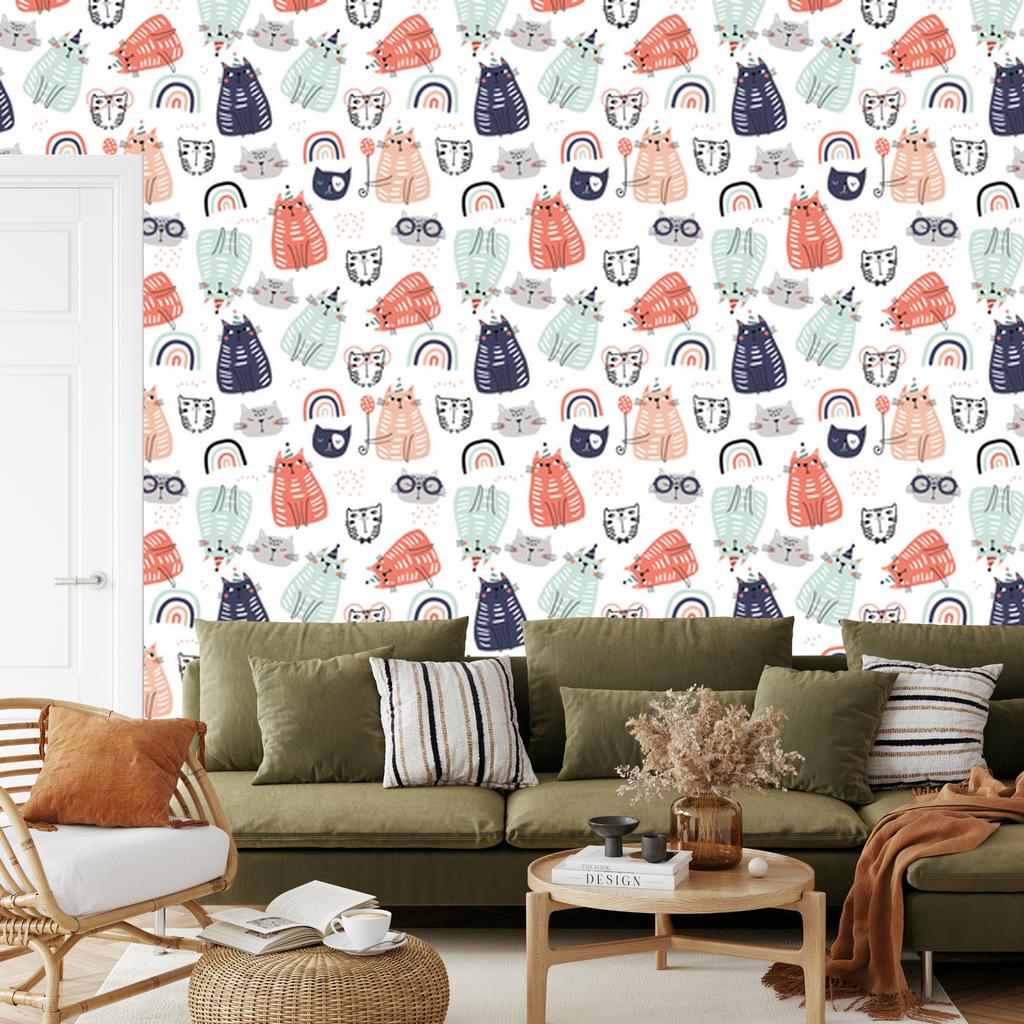 Kittens and rainbows wallpaper in Scandinavian style for living room and bedroom 50x1000