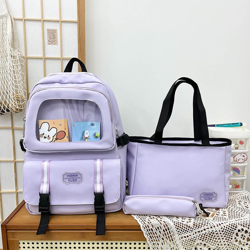 Three-Piece Backpack Set Student Schoolbag Women Solid Color Large Capacity Backpack with Lunch Bag Pen Bag