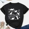 Music & Cat Print Crew Neck T-shirt Casual Short Sleeve Comfit Fit Top for Spring & Summer Women's Clothing