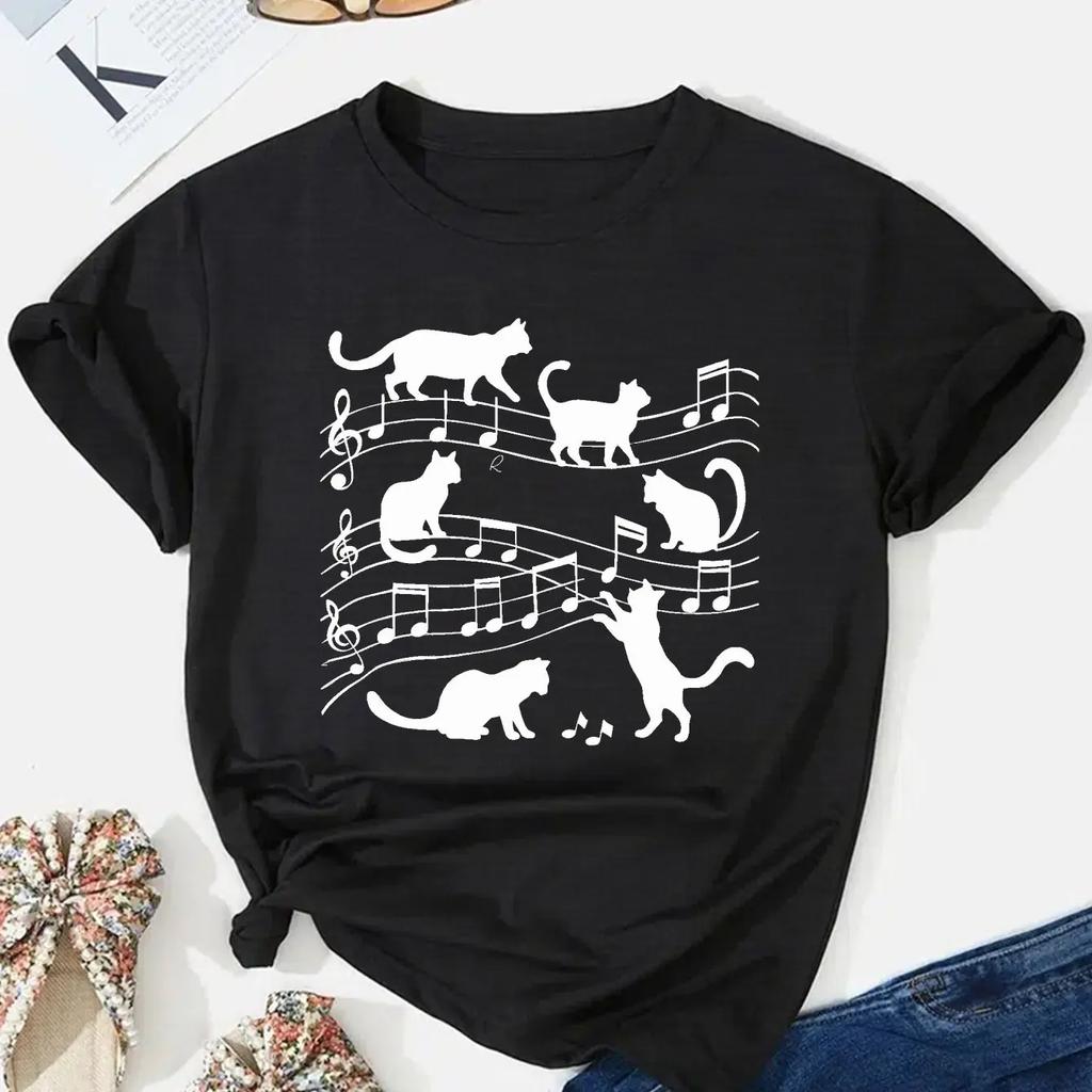 Music & Cat Print Crew Neck T-shirt Casual Short Sleeve Comfit Fit Top for Spring & Summer Women's Clothing