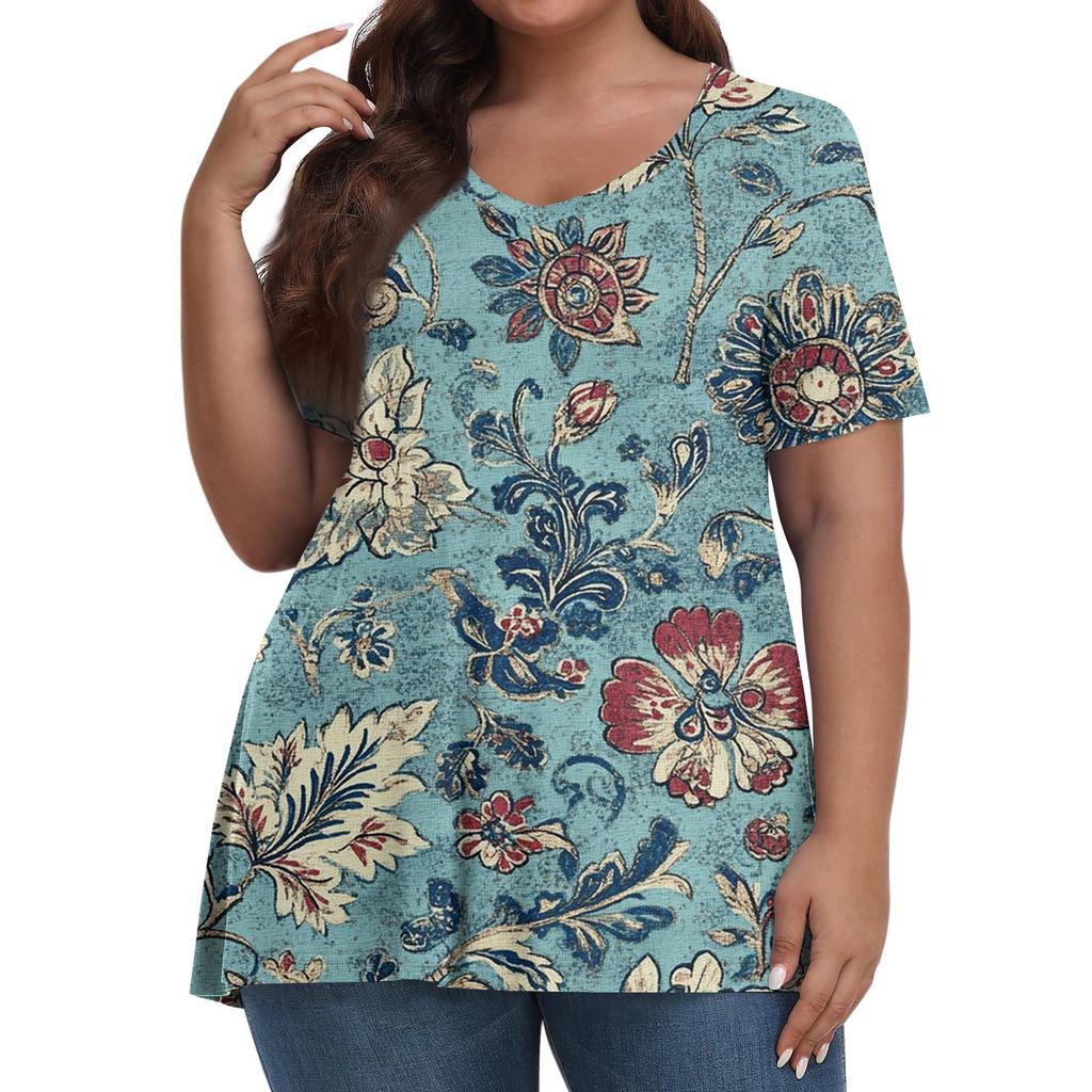 Women's Fashion Casual V-Neck Pullover Short Sleeve Large Size Vintage Printed Top