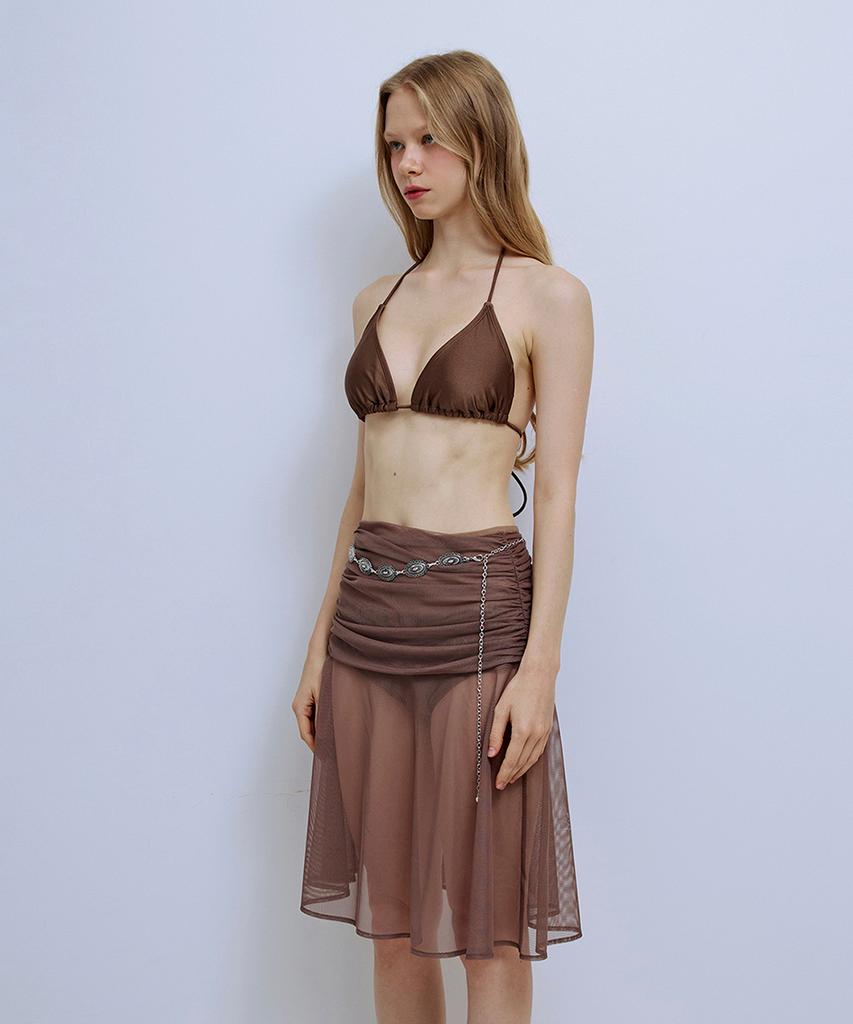PISCESS Solid Mesh Shirred Skirt_Brown