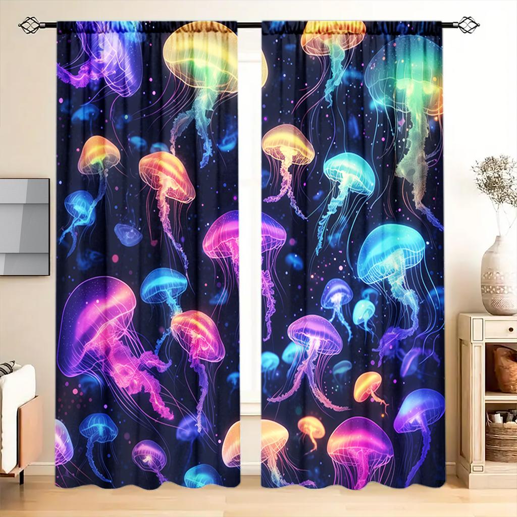 2pcs Brilliant Colored Jellyfish Printed Curtain for Home Decor - Rod Pocket Window Treatment for Bedroom, Office, Kitchen