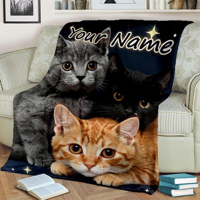 1PC Custom Name "Cat Trio Night Sky" Flannel Blanket Versatile,all-season Throw Suitable for the Living Room,bedroom,camping,travel,and Gift