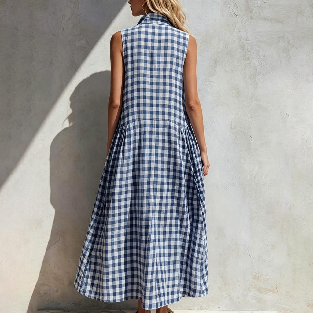 Women’s Sleeveless Maxi Dress Button Down Loose Fit Long Dress with Collared Neckline for Beach or Vacation Wear