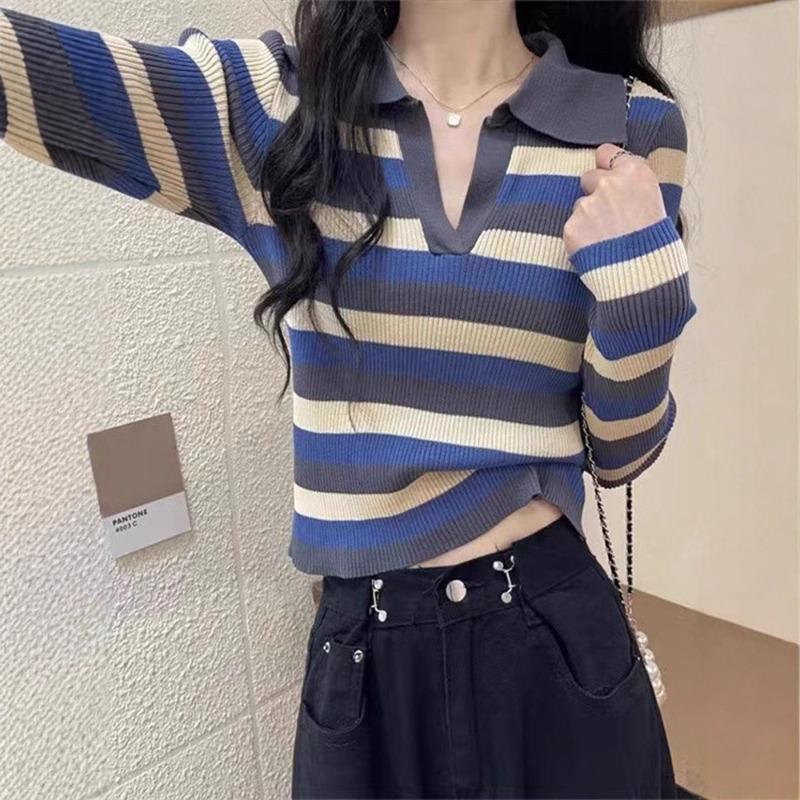 Lo lapel striped knitted sweater women's early autumn new thin short long-sleeved top