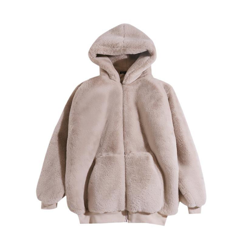 Loose Plush Jacket Women's Winter Imitation Rex Rabbit Fur Medium and Long New Thickened Hooded Coat