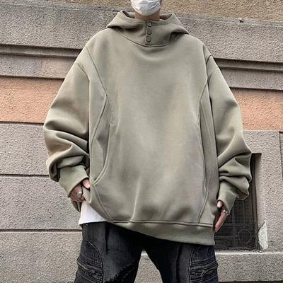 Fall Winter Men Hoodie with Big Pockets Buttoned Hood Loose Elastic Cuff Warm Pullover Mid Length Hip Hop Solid Color Top for Sport Daily Wear
