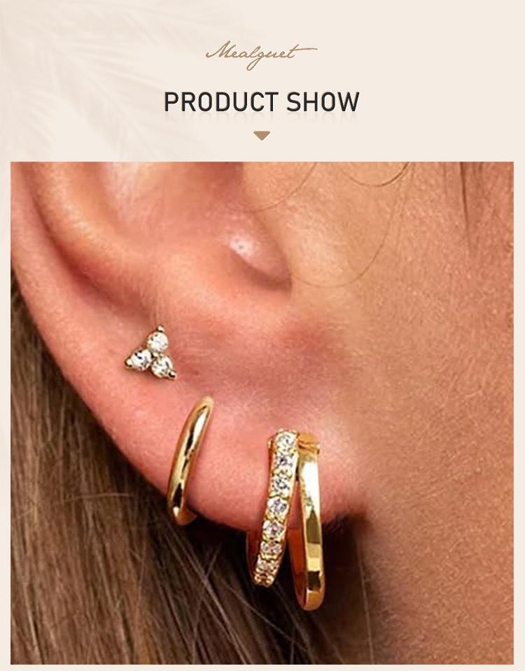 3 Pcs Set Hoop Stud Earrings for Women, Multiple Piercing CZ Crystal Triangle Studs Stackable Huggie Earrings Set Jewelry