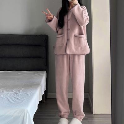 2 Pçs/Conjunto de Pijamas Femininos de Inverno Terno Coral Fleece Gola Redonda Manga Longa Top Solto Calças Quentes Pijamas Casuais Roupas para Casa