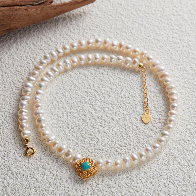 Original Design Natural Turquoise Freshwater Pearl S925 Sterling Silver Necklace Women'S Fashion Light Luxury Collarbone Chain Pendant