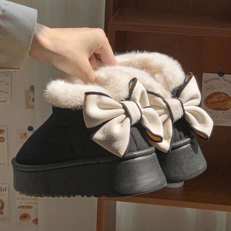 thick-soled cotton slippers, indoor warm and velvet snow boots in autumn and winter, and home bows and all-inclusive cotton shoes.