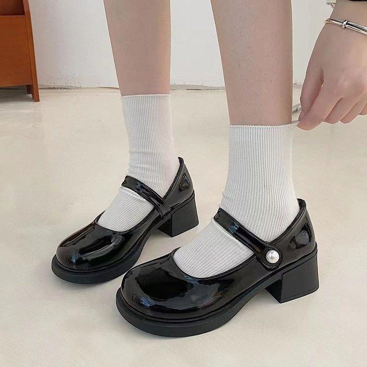 

French thick heel single shoes autumn new pearl Mary Jane medium heel small leather shoes retro shallow high heels 35 чёрный
