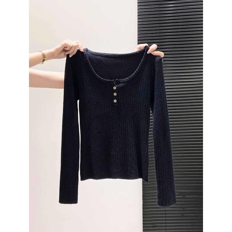 

Skinny bottom top with exposed collarbone Women s autumn semi-open neck button pit strip short long-sleeved knitted sweater L чёрный