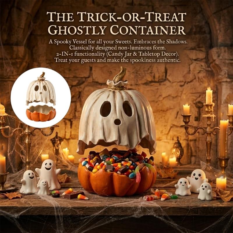 Halloween Candy Display Bowl with Lid for Shelf Entry Display and Party Sweet Serving for Home Styling, 30Cm/11.8Inch Pumpkin Face Resin Candle Stand