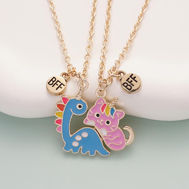 Pink & Blue Kitten Magnetic BFF Necklace Set – Cartoon Alloy Drip Oil Charm