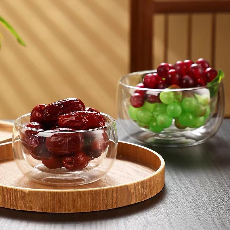 Doppelwandige Glasschale Borosilikat Hitzebeständige Glasschale Haushaltsgeschirr Transparente Obstsalatschale Küchenzubehör