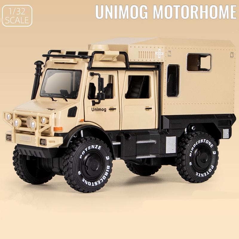 1/28 UNIMOG U4000 Wohnmobil Legierung Geländewagen Modell Druckguss Spielzeug Geländefahrzeuge Modell Ton und Licht Kindergeschenk