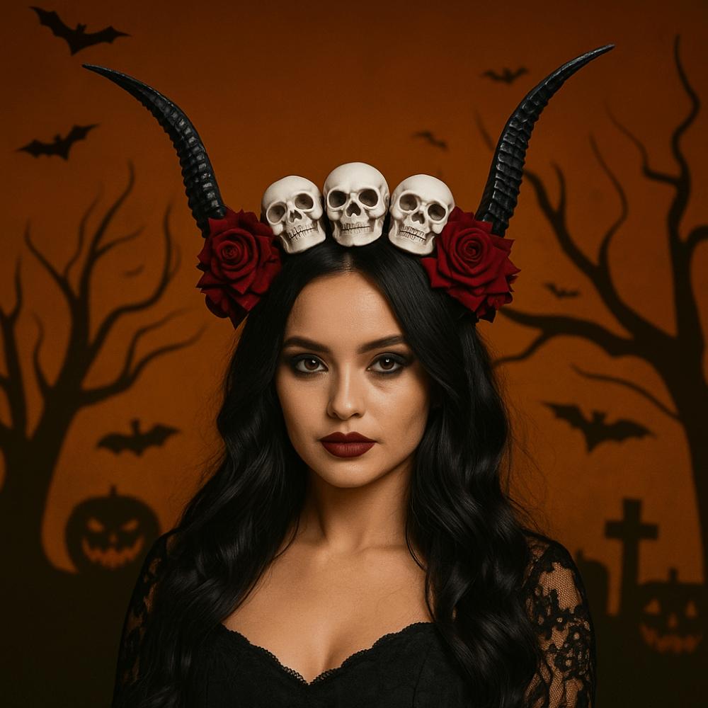 Skull Sheep Horn Hairband Halloween Red Rose Headband Flower Crown Ox Horns Headband  Festival Wear