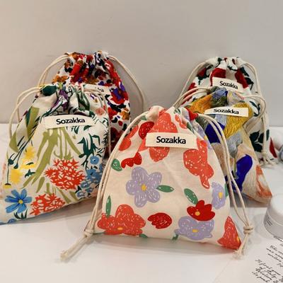 Cotton Fabric Floral Small Drawstring Bags Lipstick Toiletry Makeup Organizer Coin Pocket Bags Purse Keys Earphone Storage Bag