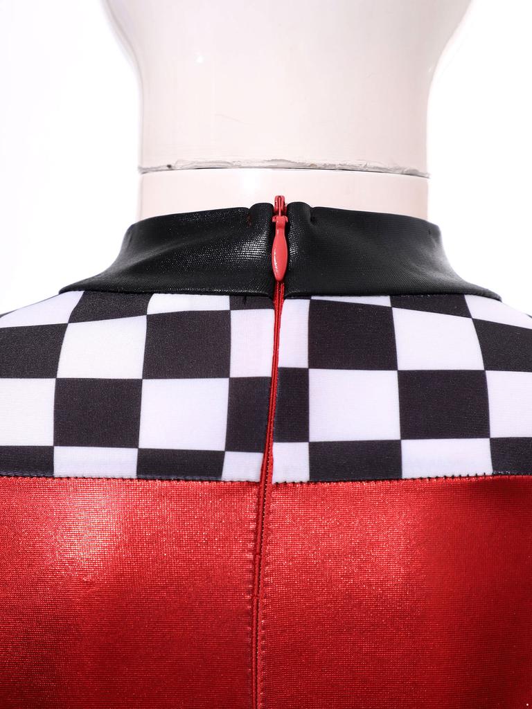 Girls Race Car Racer Costume Long Sleeve Checkerboard Print Back Zipper Short Jumpsuit Cosplay Costume