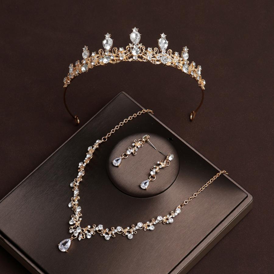 Brautschmuck-Set Goldfarbene Krone Halskette Ohrringe Vierer-Set&Geeignet für Damenhochzeit, Geburtstagsfeier