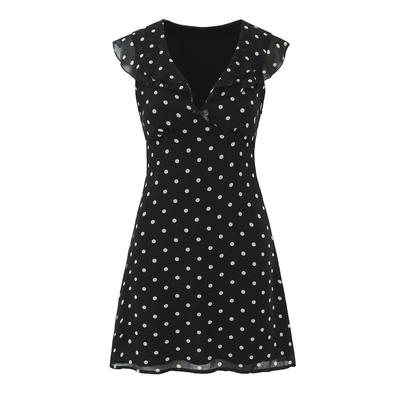 2026 Chic Polka Dot Ruffle Chiffon V-Neck Mini Dress