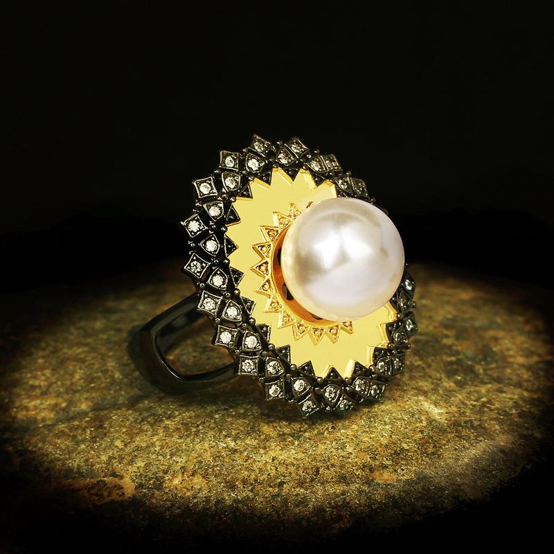 Weben Gold Schnitzhandwerk Italienischer Retro-Stil Gold Nanyang Goldperle Hof Gebürsteter Ring Schwarzgold Zweifarbiger Ring