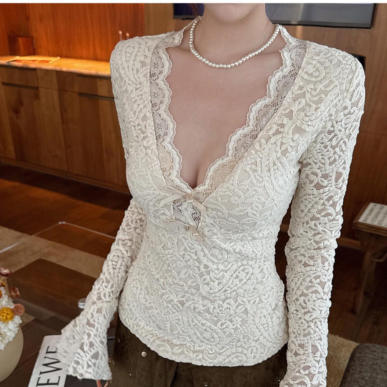 

European & American Style Sexy Slimming Lace Bow Knot Flared Sleeve T-shirt Top for Spring & Autumn Double Extra Large