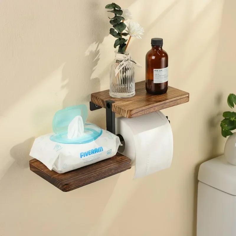 Wooden Wall Mounted Toilet Paper Holder High Load-bearing Space Saving Bathroom Wall Mounted Shelf Stable Countertop Organizer