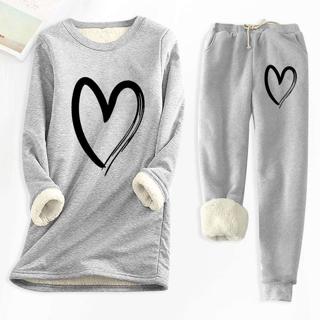 Ladies' Loose And Comfortable Round Neck Heart-shaped Printed Thick Long Sleeved Top With Cotton Pants Set