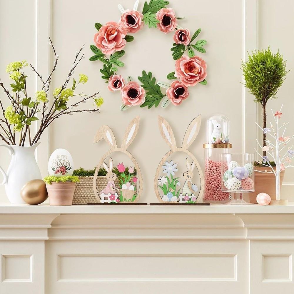 2Pcs Farmhouse Rustic Wooden Easter Rabbit Hand-Painted Easter Table Decor  Table Mantel
