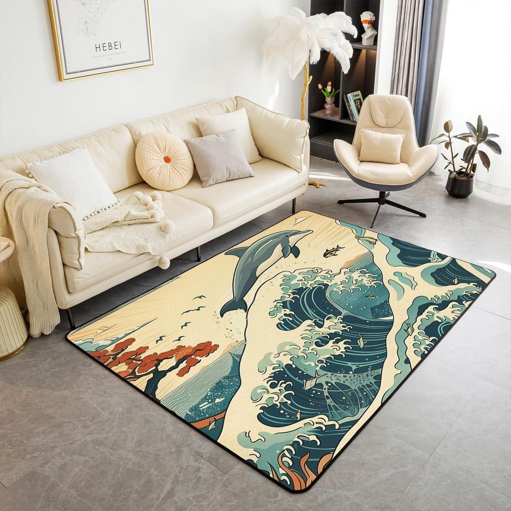Japanese Samurai & Red Maple Print Area Rug, Non-Slip Floor Mat for Living Room Bedroom, Warrior Design Home Decor Carpet
