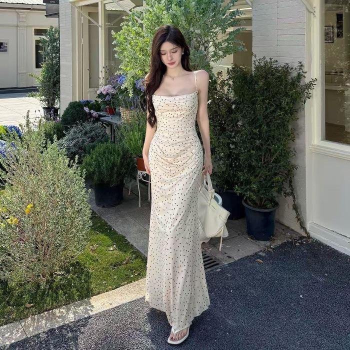 French swing neck fishtail mesh dress temperament waist polka dot slim fit suspender hip wrap long skirt S