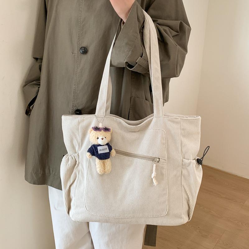 Solid color corduroy bag women's large capacity commuter tote bag with zipper lazy style simple velvet shoulder bag