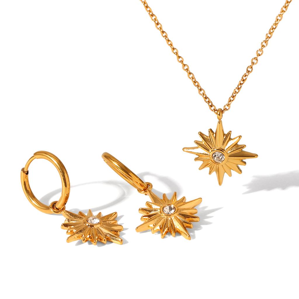 Stylish Titanium Steel Diamond Eight Point Star Necklace And Earrings Set For Women Fashion Jewelry