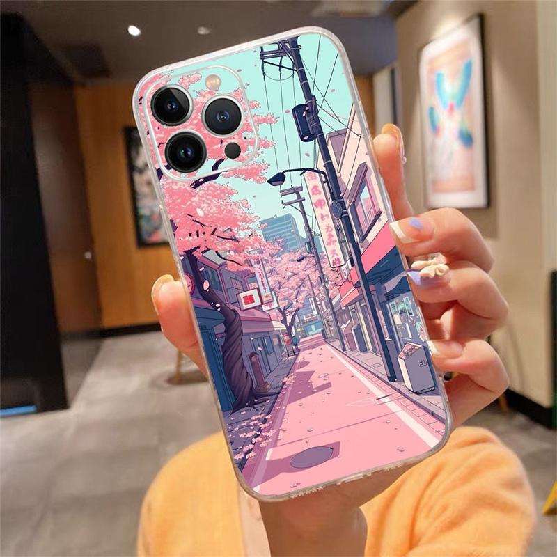 Japanese Landscape Cherry Flower Phone Case For iPhone 17 Pro Max 17 Air 16 15 14 13 Pro Max 15 16 Pro 15Plus