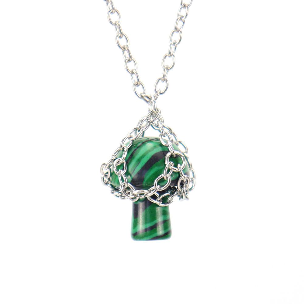 Handmade Silver Mesh Pocket Crystal Tiger Stone Agate Small Mushroom Pendant Necklace Jewelry N697