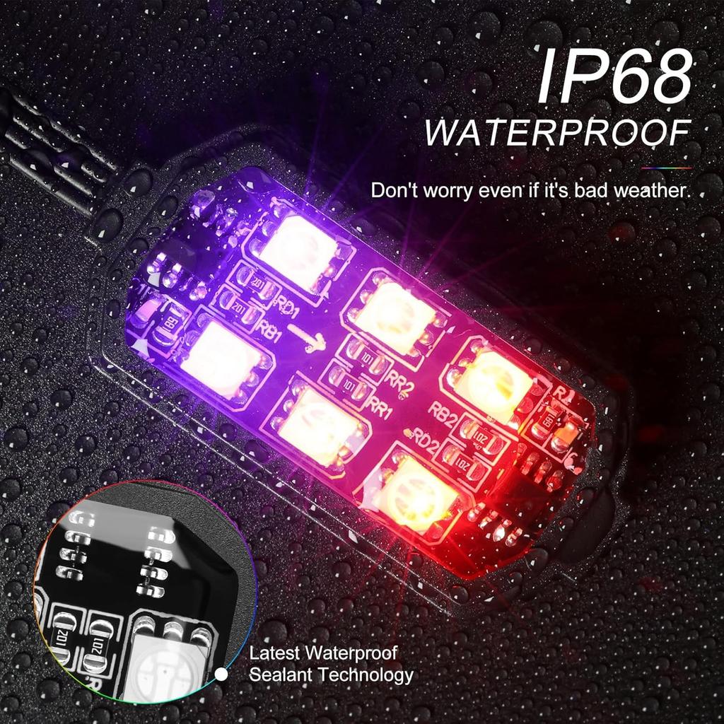 Motorcycle LED Underglow Kit, ICICAR 12 Pcs APP Control RGB Chasing Mode 16 Million Color Dual Remote Music Mode IP68 Waterproof Led Lights,