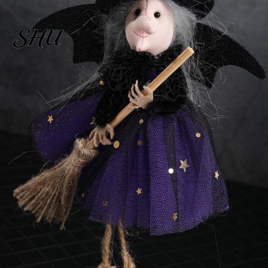 Halloween Witch Ornament Decoration Soft Cloth Gauze Skirt Mini Broom Stuffed Doll Hanging Festival Figurine Pendant Gift Idea