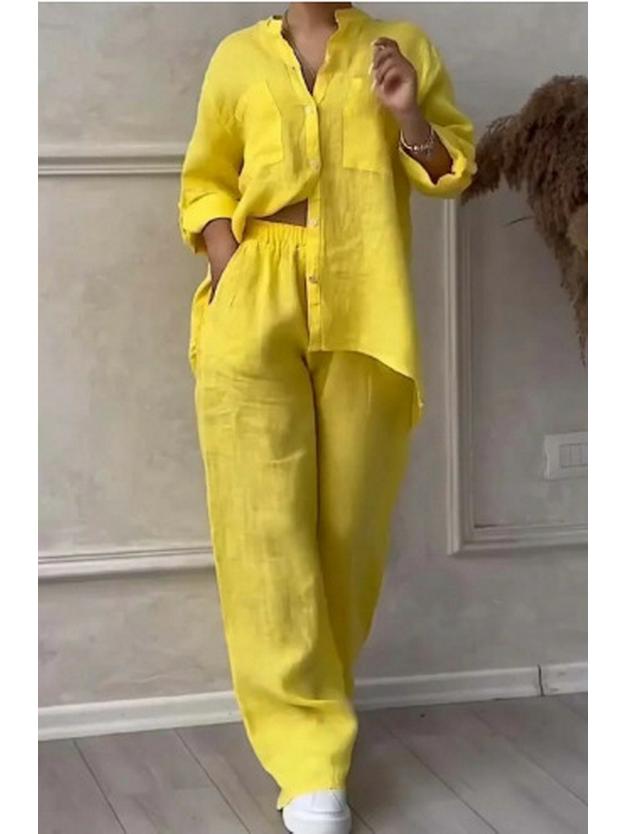 

2024 Женский однотонный комплект из рубашки с длинным рукавом на одной пуговице и брюк-палаццо с завязками Small